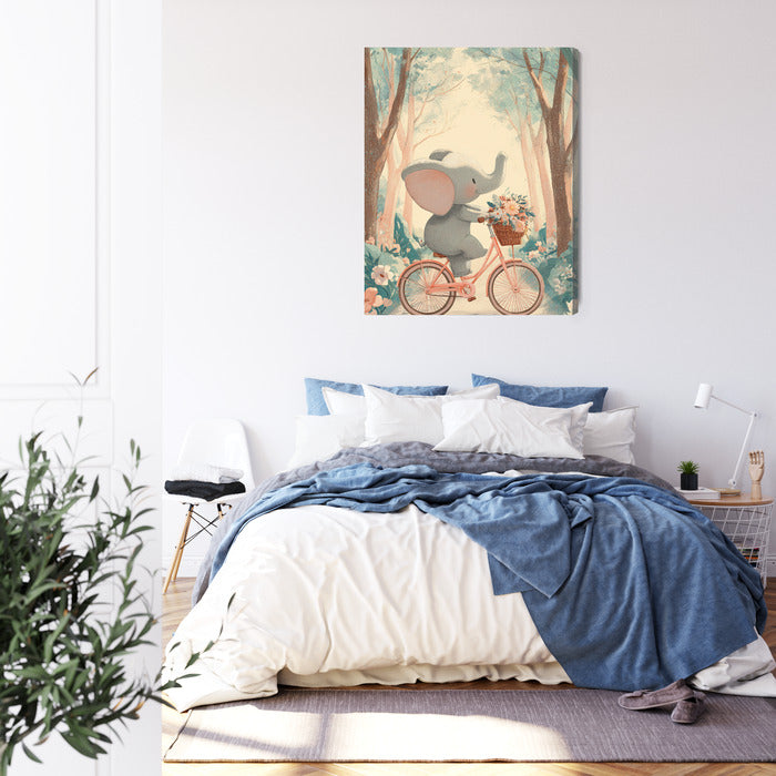 Obraz na płótnie „Słoń na Rowerze” – Urocza Ilustracja w Stylu Retro, Dekoracja Premium do Salonu i Pokoju Dziecka