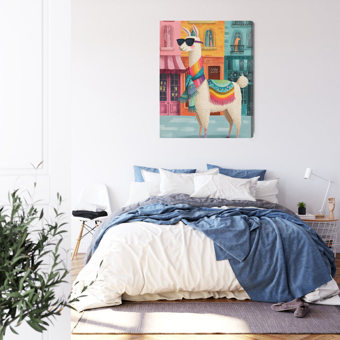 Obraz na płótnie Lama w Kolorowym Szaliku – Zabawna Ilustracja w Pastelowych Barwach, Styl Premium do Salonu i Biura