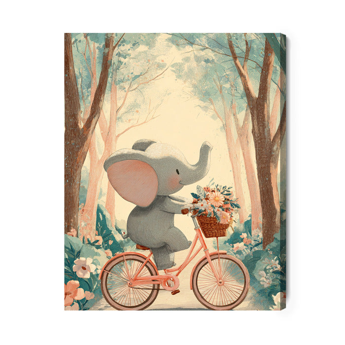Obraz na płótnie „Słoń na Rowerze” – Urocza Ilustracja w Stylu Retro, Dekoracja Premium do Salonu i Pokoju Dziecka
